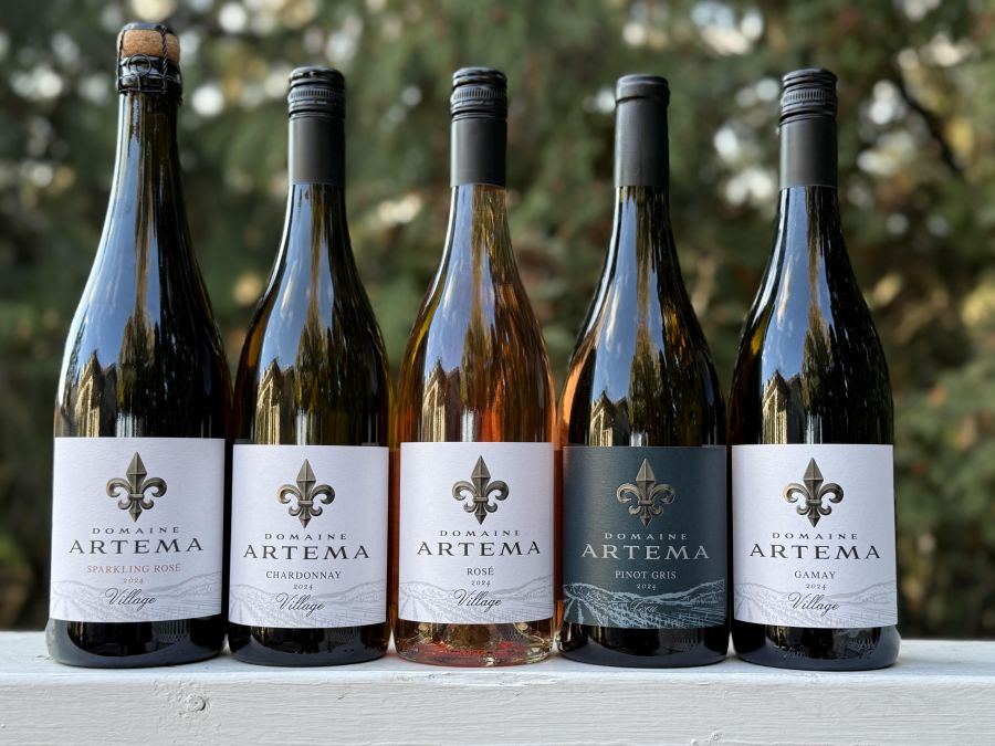 </who>Domaine Artema's current line up. From left, 2024 Village Sparkling Rose ($35), 2024 Village Chardonnay ($35), 2024 Village Rose ($30), 2024 Pinot Gris Cru ($30) and 2024 Village Gamay ($35).
