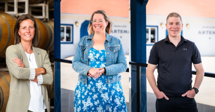 </who>The team at Domaine Artema. From left, winemaker Stefanie Dylla, general manager Courtney Fossett and hospitality manager Chris Gabrieau.