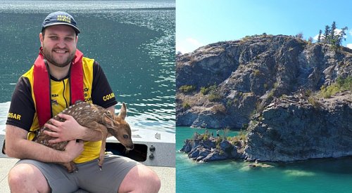 COSAR boat captain rescues day-old fawn from steep cliff above Kalamalka Lake